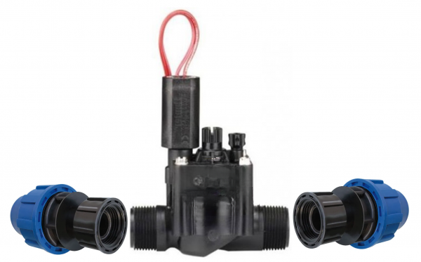 Magnetventil PGV-101 MM 1" AG/AG + 2 St. PE-Verschraubung 25 / 32 mm x 1"IG Überwurf, 24 VAC Magnetventil Aussengewinde PGV